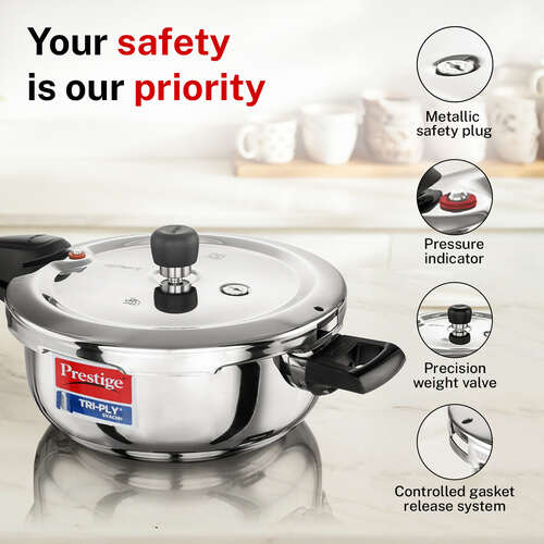 Prestige Svachh Triply Outer Lid Pressure Cooker with Unique Deep Lid for Spillage Control, 3.5 Litre, Silver