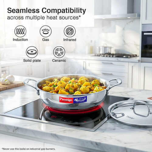 Prestige 30cm/5.0L Tri-Ply Stainless Steel Splendid Kadai with Lid|Gas and Induction Compatible|Even Heat Distribution| Thick Gauge Tri-Ply Body| Perma Cool Handles|15 Year Warranty