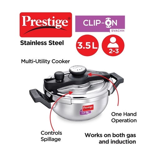 Prestige Clip-on Svachh Stainless Steel Spillage Control Kadai Pressure Cooker, 3.5 L (Silver)