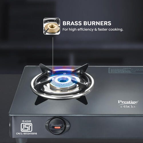 Prestige Efficia LP Gas Stove with Powder-Coated Body, Glass Top & 2 Brass Burners
