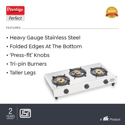 Prestige Perfect Manual Stainless steel 3 Burners Gas Stove, Silver