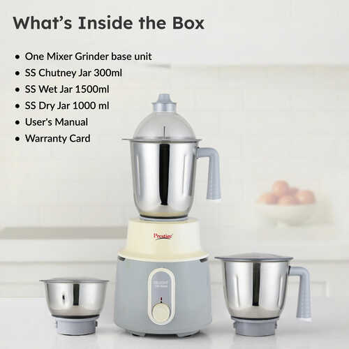 Prestige Delight 750 W Mixer Grinder, 3 Stainless Steel Jars (1500 ml, 1000 ml, 300 ml) (Charcoal Grey)