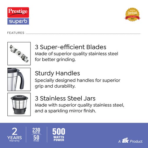 Prestige 500 Watts Superb Plus Mixer Grinder with 3 Stainless Steel Jars|Sturdy Handles| Flow Breaker| Blue and Black