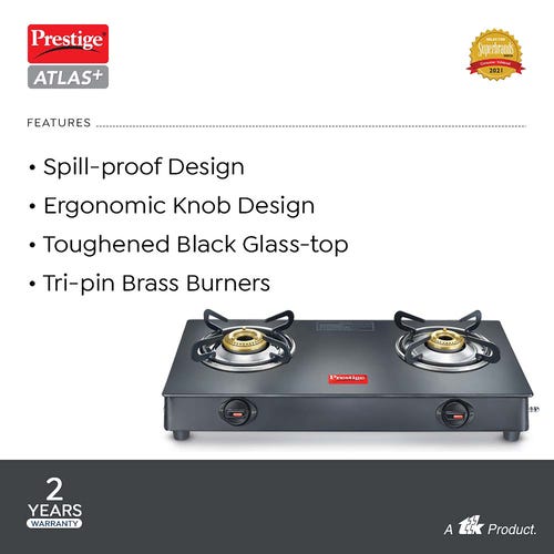 PRESTIGE ATLAS PLUS LP GAS STOVE 1 U GTA-02+ (WITH POWDER COATED BODY, GLASS TOP AND 2 U BRASS BURNERS) & L. P. GAS HOSE (WITH STEEL WIRE RE-INFORCED-1.5m)1 U & GAS LIGHTER PGL 03 1 U & KNIFE 1 U FREE