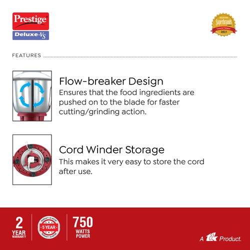 Prestige 750 Watts Deluxe-VS Mixer Grinder with 3 Stainless Steel Jars| Flow Breaker Design| Cord Winding Storage| Sturdy Handles| Red and White