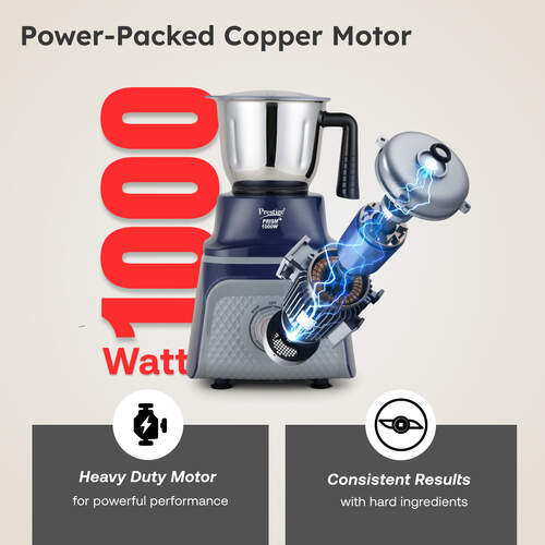 Prestige Prism Plus 1000W Mixer Grinder with 3 Stainless Steel Jars & 1.5L Transparent Juicer Jar – Wet 1.5L, Dry 1.0L, Chutney 450ml | Heavy Duty Motor