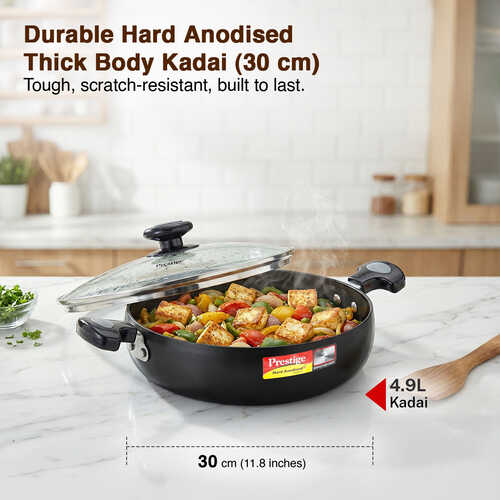 Prestige Hard Anodised Plus Gas and Induction Compatible Kadai with Glass Lid, 30 cm, Black