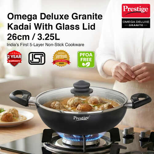 Prestige Omega Deluxe Granite Non-stick Kadai with Glass Lid, 26cm, 3.25 L (Black)