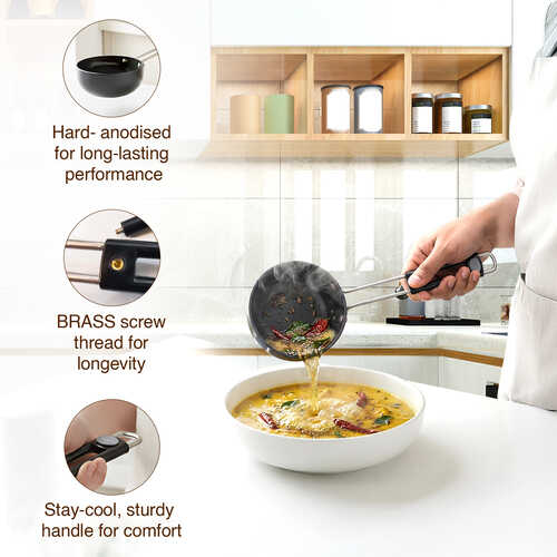 Prestige Hard Anodised Tadka Pan 10 cm | Stay Cool Handle | Built-in stand | Metal Spoon Friendly | Base Thickness 3 mm | 2Y Warranty | ISI Certified