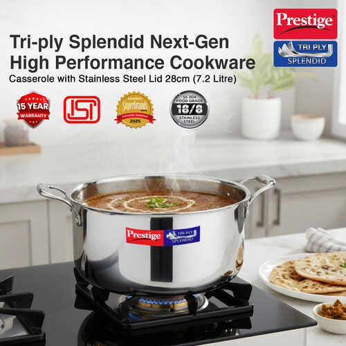 Prestige 28cm/7.2L Tri-Ply Stainless Steel Splendid Casserole| Gas and Induction Compatible |Even Heat Distribution| Thick Gauge Tri-Ply Body| Perma Cool Handles|15 Year Warranty
