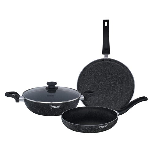 Prestige Svachh Granite Non-Stick 3-Piece Set Cookware |Dual Non-Stick Delight|Omni Tawa -28cm Dia, Kadai with GlassLid -24cm Dia, Fry Pan -24cm Dia|Gas and Induction Compatible|Metal Spoon Friendly