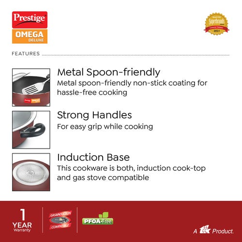 Prestige (30cm/ 6L) Omega Deluxe Non-Stick Kadai with Stainless Steel Lid|Gas and Induction Compatible (Red)