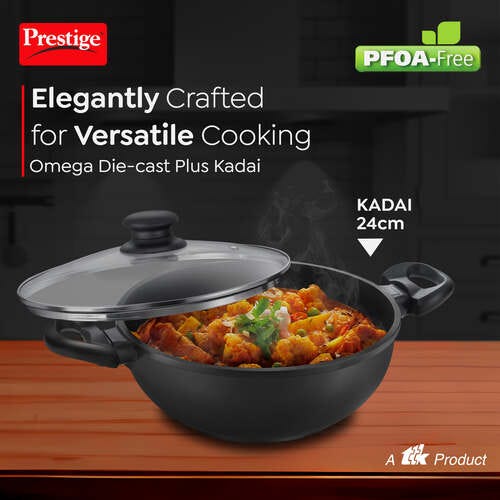 Omega Die-Cast Plus Aluminium Non-Stick Kadai with Glass Lid