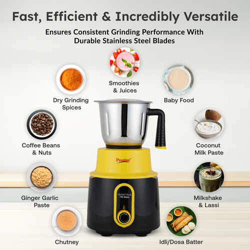 Prestige 750 Watts Delight Plus Mixer Grinder with 4 Jars (3 Stainless Steel Jars + 1 Juicer Jar)| Sturdy Handles| Superior-Grade ABS Body| Yellow and Black