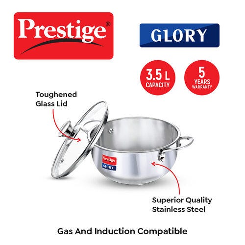 Prestige Glory Stainless Steel Cookware Kadai With Glass Lid
