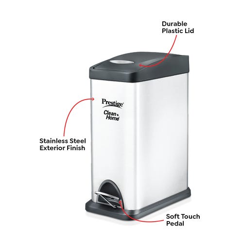 Prestige CleanHome PFBS Single Flip Bin with Plastic Lid, 8 L (Silver)