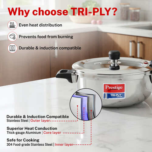 Prestige Svachh Triply Outer Lid Pressure Cooker with Unique Deep Lid for Spillage Control, 3.5 Litre, Silver