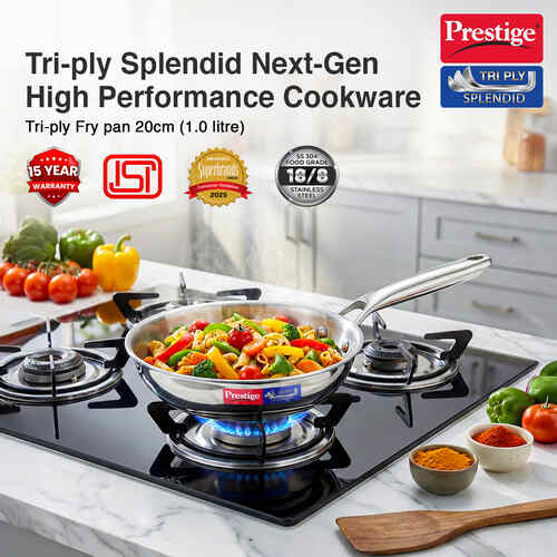 Prestige 20cm/1.0L Tri-Ply Stainless Steel Splendid Fry Pan| Gas and Induction Compatible |Even Heat Distribution| Thick Gauge Tri-Ply Body| 15 Year Warranty