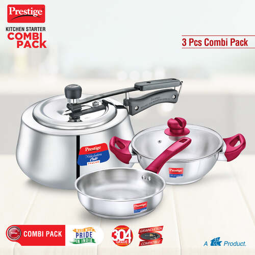 Prestige Nakshatra Cute Svachh 3 L Pressure Cooker + Platina Popular 22 cm (2.25 L) Kadai with Glass Lid and Platina Popular 22 cm (1.9 L) Fry Pan Kitchen Set
