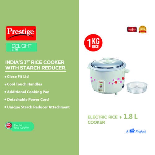 Prestige Delight Lite 1.8-2 SR Electric Rice Cooker 1.8L with Starch Reducer (White)