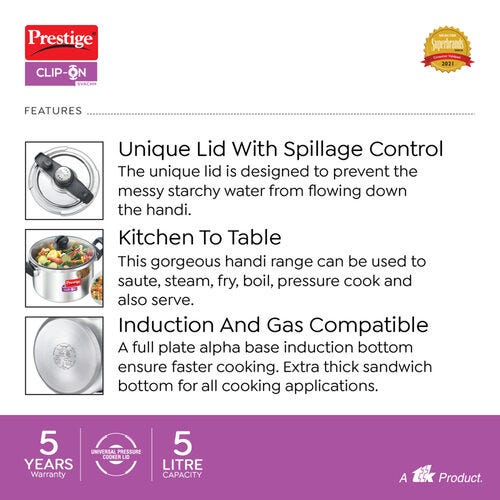 Prestige Clip-on Svachh Stainless Steel Spillage Control Pressure Cooker with Glass Lid, 5 L (Silver)