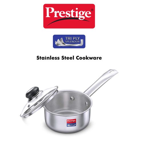 Prestige 14cm/1.1L Tri-Ply Stainless Steel Splendor Sauce Pan with Glass Lid|Gas and Induction Compatible| Even Heat Distribution|Strong and Durable| Perma-Cool Handles| Lifetime Warranty
