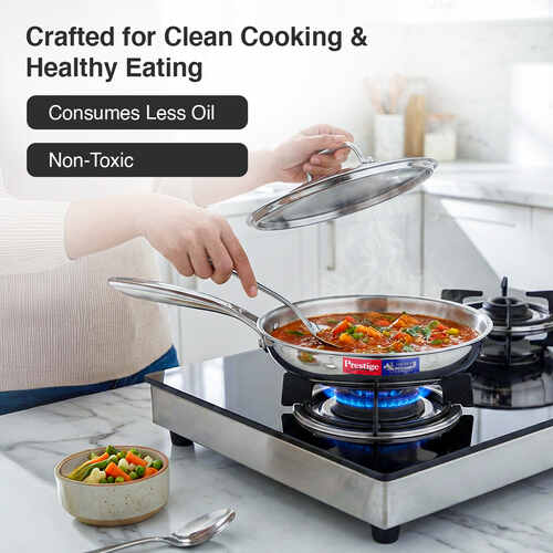 Prestige 26cm/2.3L Tri-Ply Stainless Steel Splendid Fry Pan with Lid|Gas and Induction Compatible|Even Heat Distribution| Thick Gauge Tri-Ply Body|15 Year Warranty