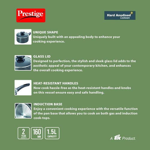 Prestige Hard Anodised Plus Gas and Induction Compatible Milk Pan with Glass Lid, (Black)