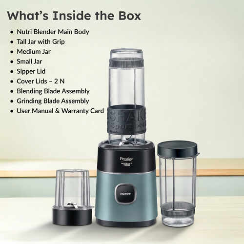 Prestige Nutri-Jet Trio 450 Watt Mixer Grinder with 3 Transparent Jars | Space-Saving Design | Extra Sipper Lid | Stainless Steel Blades | 1Y Warranty | ISI Certified