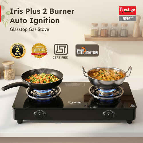 Prestige IRIS Plus Auto Ignition Gas Stove | Toughened Black Glass-Top | Tri-Pin Brass Burners | Ergonomic Knob Design | Black