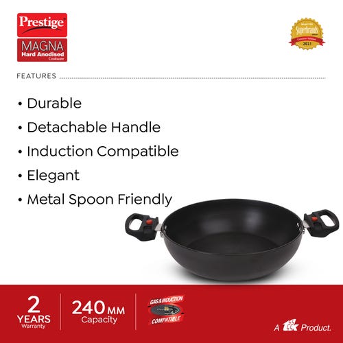 Prestige Hard Anodised Cookware with Detachable Handle Kadai with Glass Lid, 24cm (2.5L) (Black)