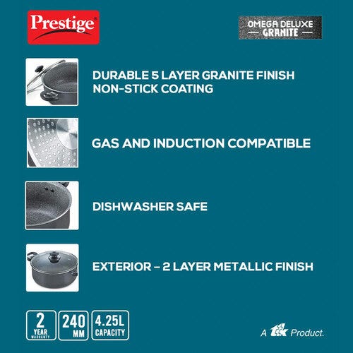 Prestige Omega Deluxe Granite Non-stick Round Base Sauce Pan with Glass Lid (Black)