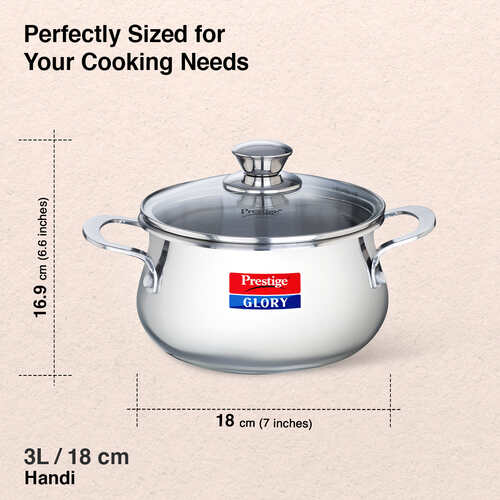 Prestige Glory Stainless Steel Cookware Handi 18 Cm /3.0 L With Glass Lid