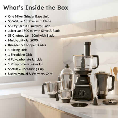 Prestige Prisma Pro 750W 5 Jars Mixer Grinder|Stainless Steel Jars 3U, Multi Utility Jar 1 U, & Juice Jar 1 U|6 Super-Efficient Blades|Black & Silver