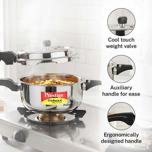 Prestige 5 Litre Stainless Steel Deluxe Alpha Svachh Outer Lid Deep Pressure Pan Cooker | 10Y Warranty | Deep Lid for Spillage Control | TRIPLY Base | GRS | Gas & Induction Compatible | ISI