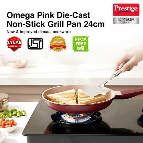 Prestige 24cm Omega Die-Cast Non-Stick Grill Pan | 3-Layer Coating | Die-Cast Body | Metal Spoon Friendly | Heavy Base | Pink