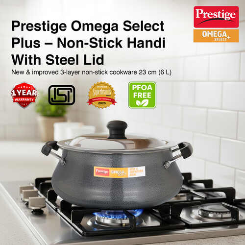 Prestige Omega Select Plus Teflon Non-stick Coated Senior Handi with Stainless Steel Lid and Scrubber for Non-Stick Cookware, 23cm (Black)