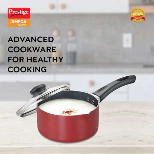 Prestige Omega Deluxe Aluminium Induction Base Non-Stick Milk Pan with Glass Lid, (Red)