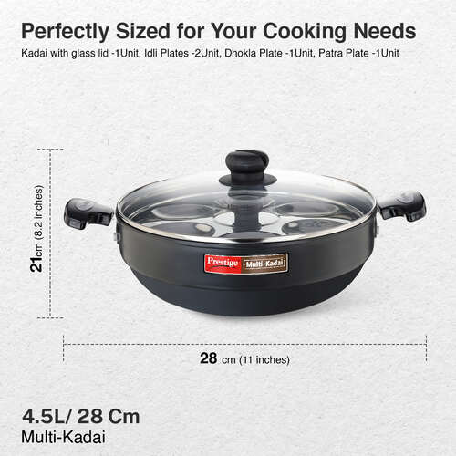 Prestige Hard Anodised Induction Base Multi-Kadai with Glass Lid (Dhokla Plate, Patra Plate, Idli Plates), 28cm (Black)