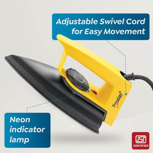Prestige Magic Magnite 750W Dry Iron|Greblon Non-Stick Coated Sole Plate|Wide Range Of Fabric Interface|Light Weight|Neon Indicator Light|2 Years Warranty|Yellow & Black