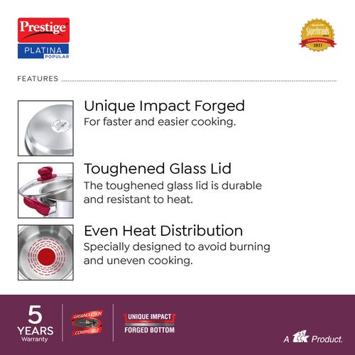 Prestige Platina Popular Stainless Steel Unique Impact Forged Bottom Casserole with Glass Lid - Silver