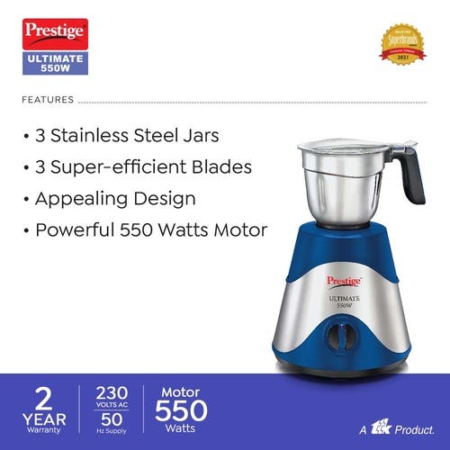 Prestige Ultimate 550 W Mixer Grinder, 3 Jars (1600 ml, 1300 ml, 700 ml) (Blue, Silver)