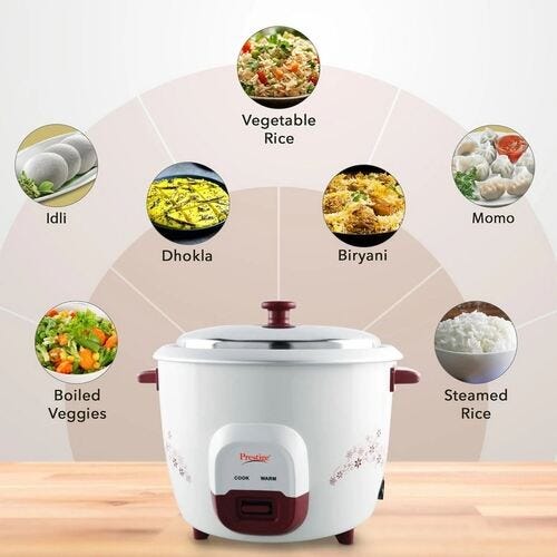 Prestige Delight PRWO 1.8 Red 700W| 1 Aluminium Cooking Pan Electric Rice Cooker with Steaming Feature (1.8 L, White, Red)