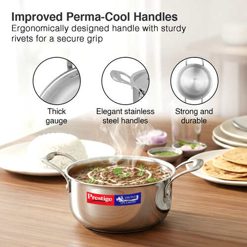 Prestige 20cm/3.2L Tri-Ply Stainless Steel Splendid Casserole| Gas and Induction Compatible |Even Heat Distribution| Thick Gauge Tri-Ply Body| Perma Cool Handles| 15 Year Warranty