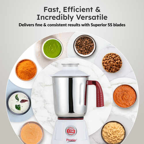 Prestige 750 Watts Deluxe LS Mixer Grinder with 3 Stainless Steel Jars| Unique Fail Safe Coupler| Flow Breaker Design| Cord Winder Storage| Red and White