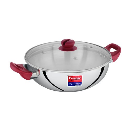 Prestige Platina Popular Stainless Steel Unique Impact Forged Bottom Kadai with Toughened Glass Lid, 26cm (3.8 L) (Silver)
