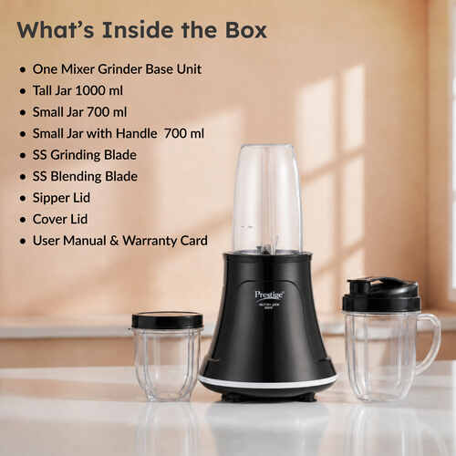 Prestige Nutri-Zen Mixer Grinder with 3 Polycarbonate Jars – Big Jar - 1000ml | Sipper Jar with Handle - 700ml | Small Jar - 700ml |Compact & Powerful Blender for Juices, Shakes & More