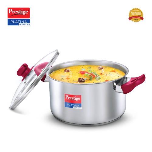 Prestige Platina Popular Stainless Steel Unique Impact Forged Bottom Casserole with Glass Lid - Silver 22 cm