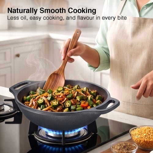 Prestige Cast Iron Kadai 24cm/2L | Ferrocast Flo | Non-Stick | Chemical Free | Preseasoned | Sturdy Handle | Healthy Eating | Gas & Induction Compatible | Lifetime Warranty
