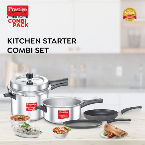 Prestige Kitchen Starter Pack (Popular Svachh 5 Ltr + 3 Ltr Body without Lid + Fry Pan 20Cm + Tawa 27.5Cm)